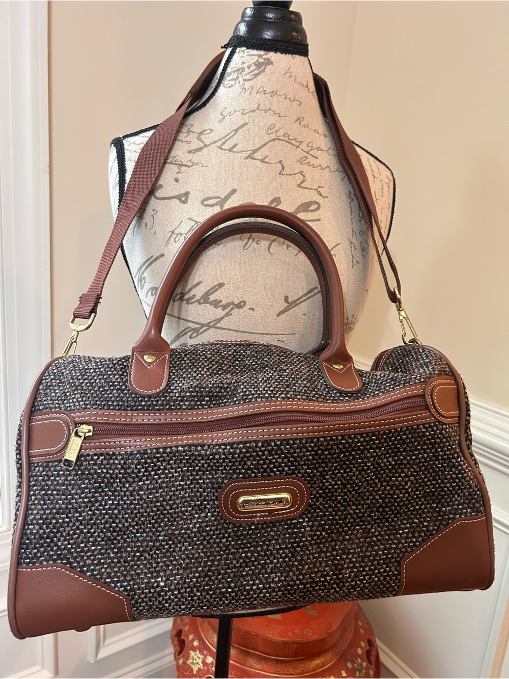 Vintage Jaguar Tweed Weekender Tote Set with Brown Leather Trim